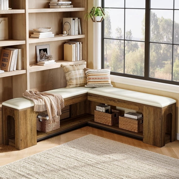 Finmind 47.24" L-Shaped Corner Bench with Cushion, Rustic Farmhouse Bench, Kitchen Dining Living Room Furniture