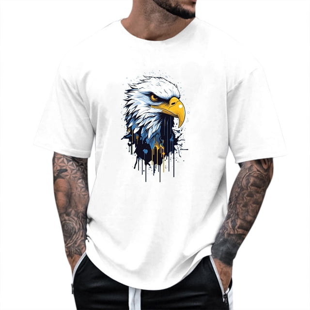 LUOGENLI T-shirts pour Homme pour Hommes T-Shirt d'Été à Col Rond à Manches Courtes Mode pour Homme Plein Air Loisirs Motif Aigle T-Shirt T-shirts pour Homme T-shirts Graphiques T-shirts Vintage de la Saint-Patrick T-shirts pour Homme Blanc TTTG