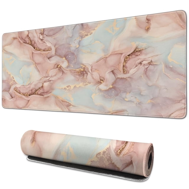 Cute Pink Desk Mat - Large & Durable Mouse Pad in Rose Gold Marble Design for School, Office, Home
