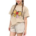 thumbnail image 2 of LvhaoGJOB Little Kids Girls T-Shirt and Shorts Outfit Set, Beige - large Beige bow graphic, notebook print with pink bow, 2 of 6