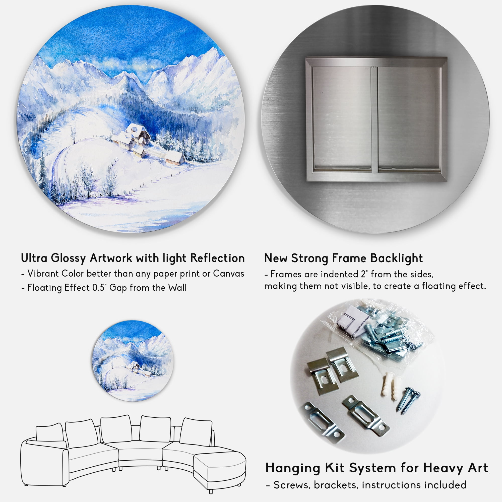 Designart 'Wooden House With Winter Mountain Landscape' Traditional Circle Metal Wall Art 29x29 - Disc of 29