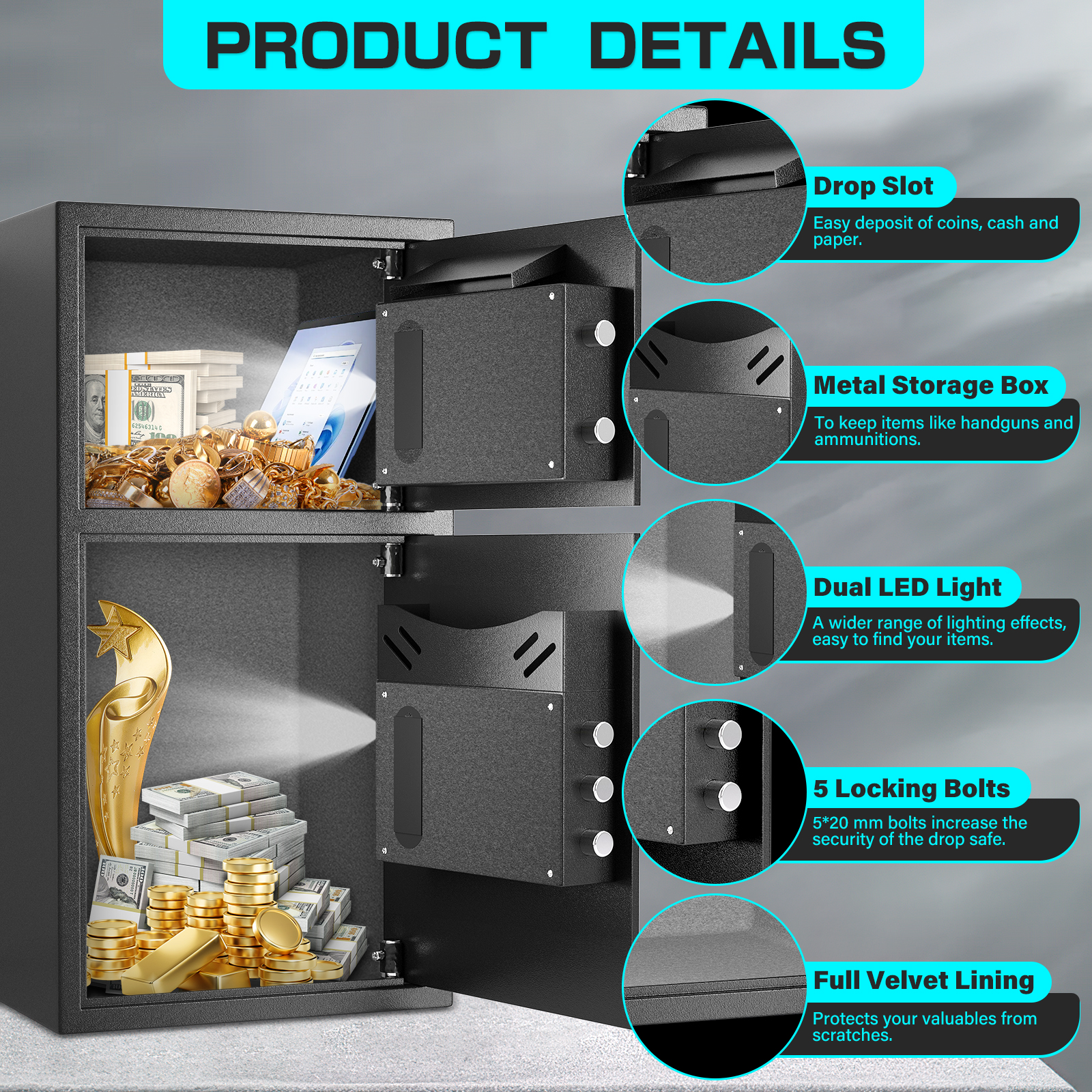 Silkight Safe Box, 6.0 cu ft Large Double Door Safe ,Heavy Duty Fingerprint Safe with Backlit Touch Keypad & Deposit Slot,Fireproof Waterproof Home Safe for Business Home