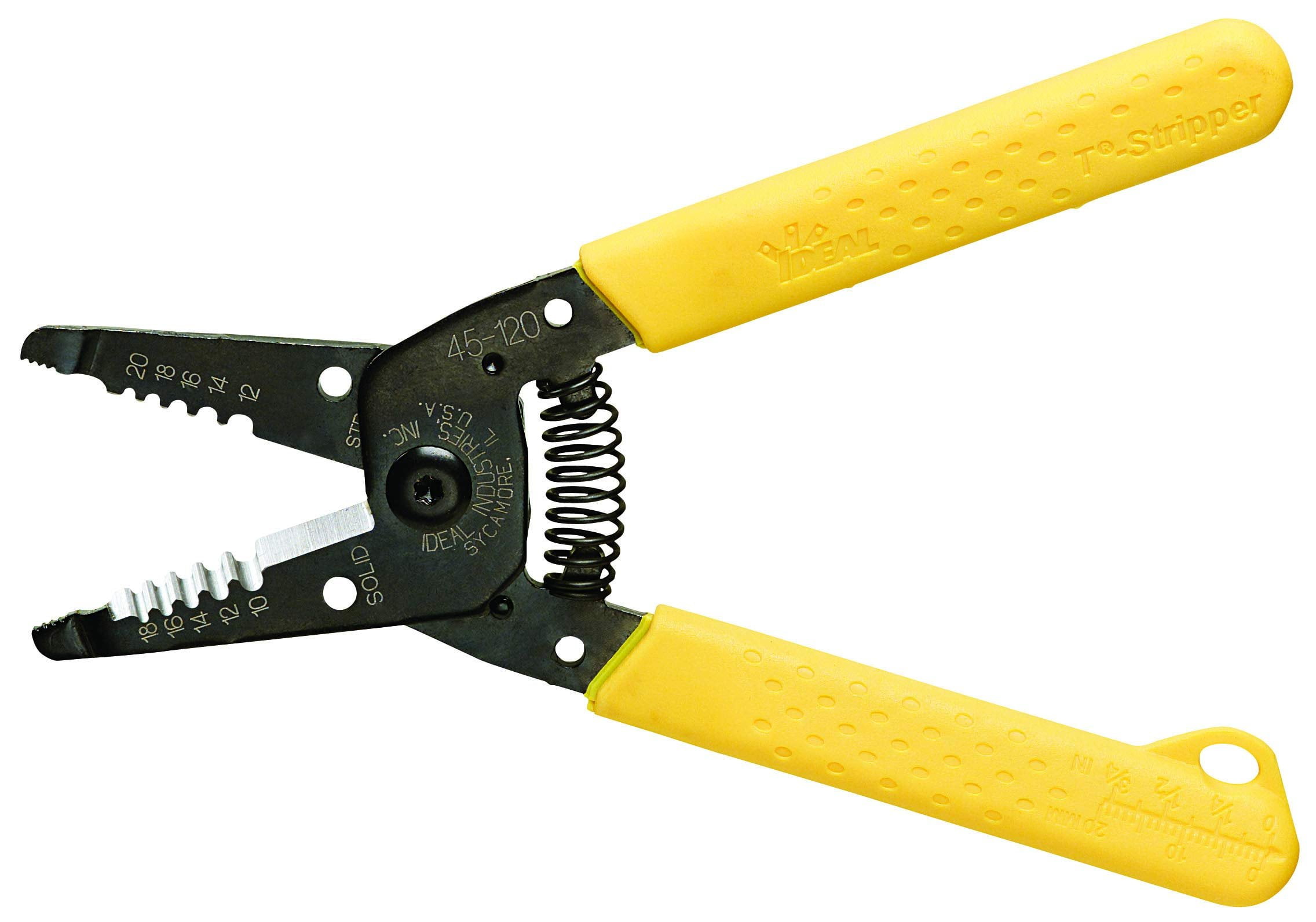 IDEAL Electrical 45-120 T-5 T-Stripper - 10-20 AWG, Yellow Wire Stripper with Looping Holes, Plier Nose, Spring Loaded Automatic Opening,Black