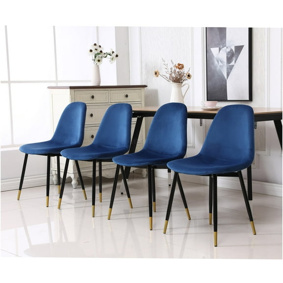 JERFIT Mid-Century Modern Velvet Dining Chairs Set of 4, Blue Upholstered Side Chairs with Gold Metal Legs for Kitchen Dining Room