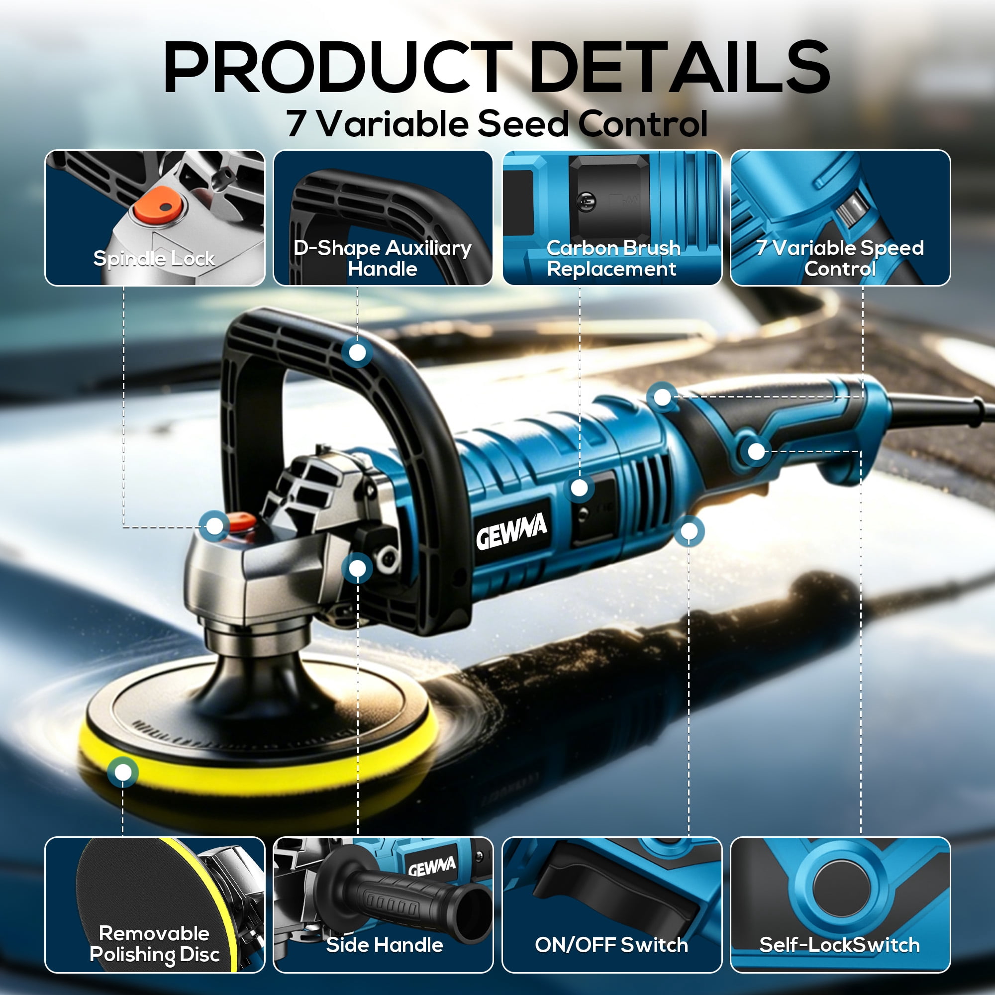 Gewna Car Buffer Polisher, 1600W 7 inch/6 inch Rotary Buffer Polisher with 7 Variable Speed 1000-3500 Rpm