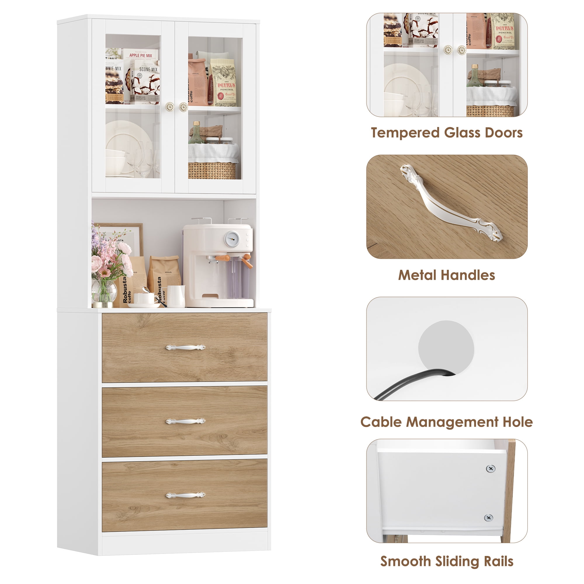 Homfa 71" Tall Kitchen Pantry Cabinet, Freestanding Storage Cupboard with Glass Doors, 3 Drawers & Adjustable Shelves, Modern Coffee Bar Cabinet for Kitchen Dining Room Living Room White Khaki