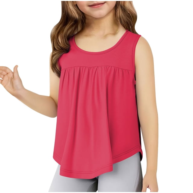 Girls Solid Ruffled Hem Tank Tops Kids Crew Neck Sleeveless Tops 4-14Y Casual Tees