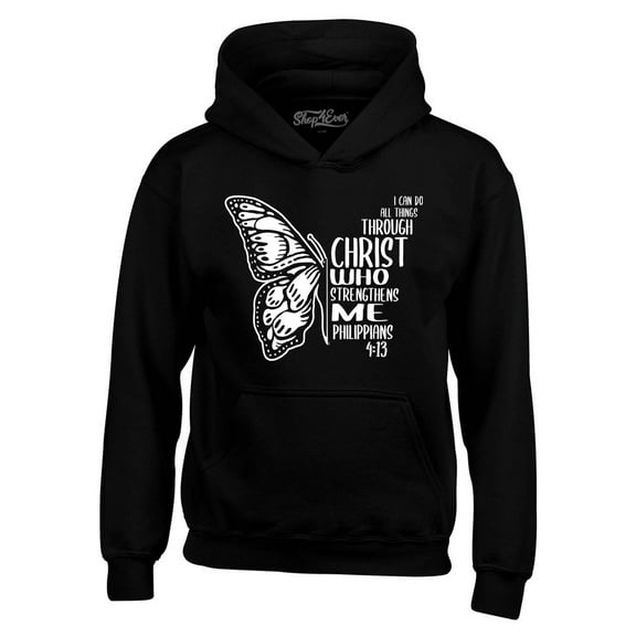 Shop4Ever Men's Butterfly Verse I Can Do All Things Through Christ Hooded Sweatshirt Hoodie Large Black