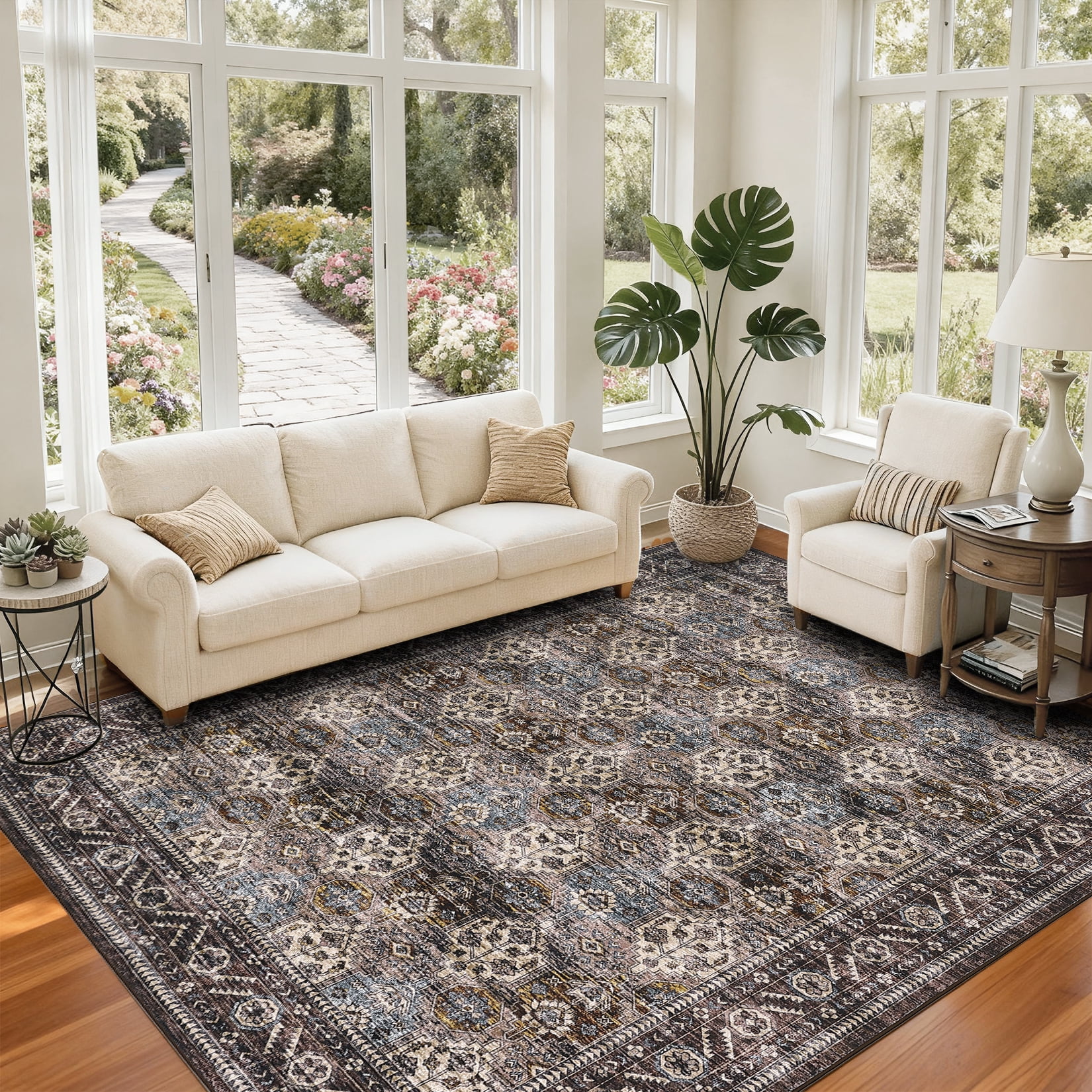 Hasoo 9' x 12' Area Rug for Living Room Boho Vintage Home Decor Washable Non Slip Throw Rug Floral Bedroom Indoor Carpet, Reddish Brown