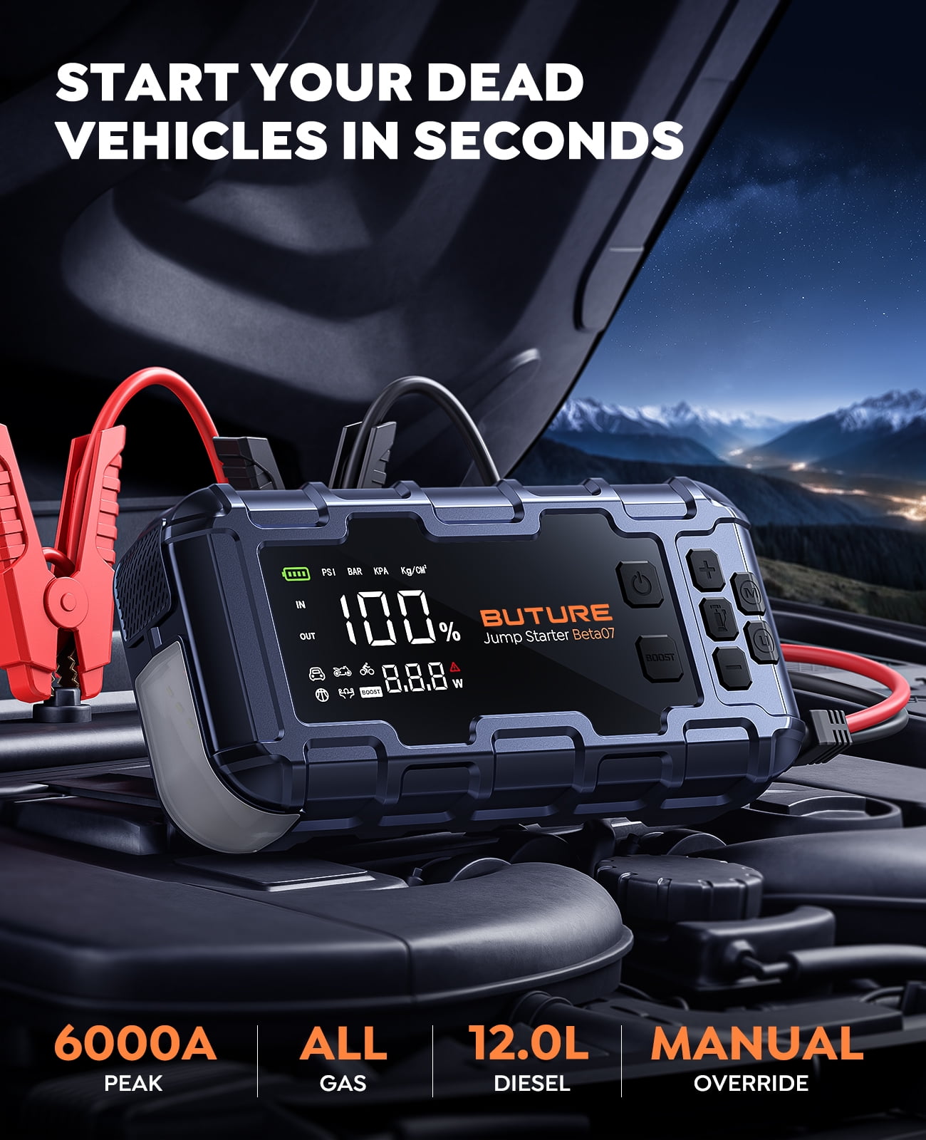 BUTURE 6000A Jump Starter with Air Compressor 160PSI 45W Battery Booster 12V for All Gas & 12L Diesel, 7-in-1 Power Bank LED Display