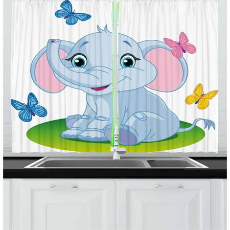 - Nursery Curtains 2 Panels Set, Cute Baby Elephant Sitting on the Meadow in Spring Time with Butterflies, Window Drapes for Living Room Bedroom, 55W X 39L Inches, Baby Blue Pink Green, by Ambesonne