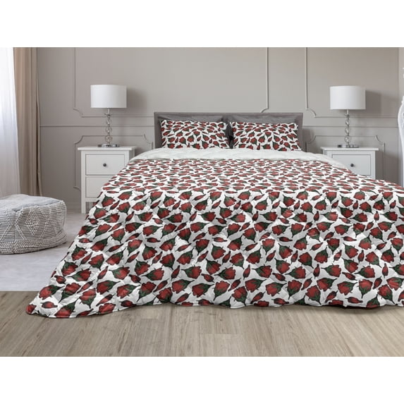 Roses Comforter & Sham Bedding Set, Flowers Petals and Buds on Plain Backdrop Valentines Day Themed Print, 3 pcs Duvet Set Microfiber Filling Quilt, 5 Sizes, Vermilion Emerald White, by Ambesonne