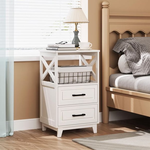 White 2-Drawer Nightstand with Open Storage Shelf & Solid Feet, Modern End Side Table for Bedroom Living Room Home Office