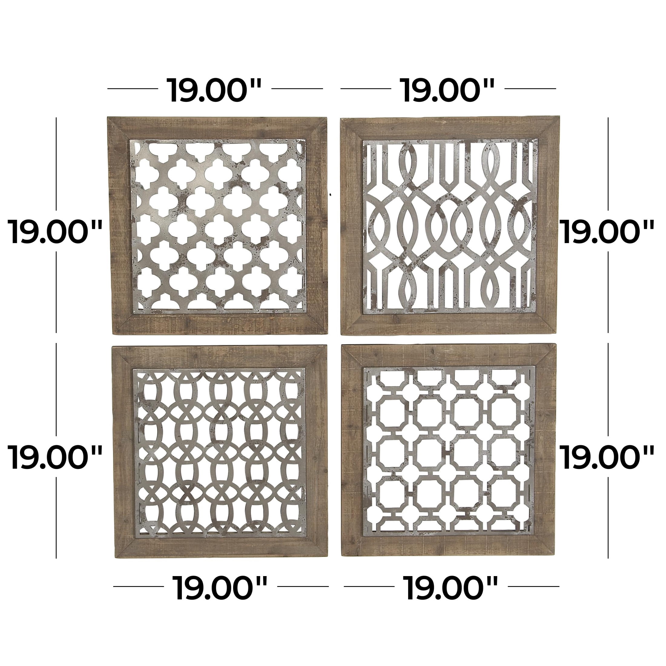 DecMode Farmhouse Natural Brown Wood Square Wall Décor, Set of 4 19"W x 19"H, Features Quatrefoil, Imperial Trellis, Chain-Link and Tile Patterns