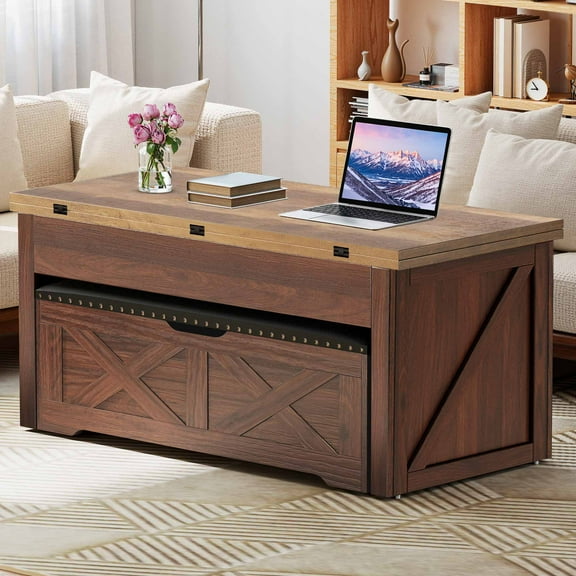 Craftian Farmhouse Lift Top Center Table with Rolling Storage Bench, Wood Coffee Table, Brown