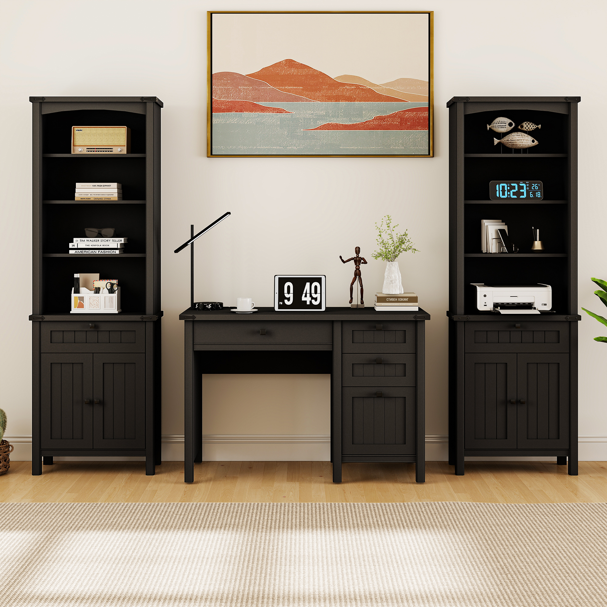 FIAKOA 3 PC Home Office Desk Set, Executive Office Desk Set with Charging Station & Bookshelf Set , Black