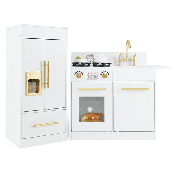 OLAKIDS Play Kitchen Set, Kids Children Pretend Toy Kitchen 2-Piece Playset with Refrigerator, Oven, Microwave, Ice Maker, Sink with Faucet, Kitchenware Accessories for Girls Boys Ages 3+