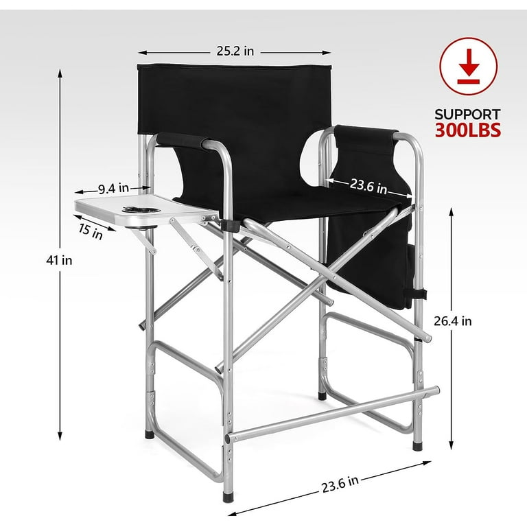 Mefeir 26 Tall Folding Directors Chair with Side Table Portable Makeup Artist Bar Height Steel Frame 300 lbs Capacity 19.2 D x 23.6 W x 40.5 H