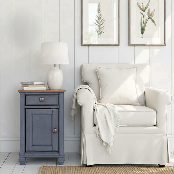 Americana 14" Fully Assembled Farmhouse Chair Side Table with Drawer & Door, Narrow Coastal End Table with Storage