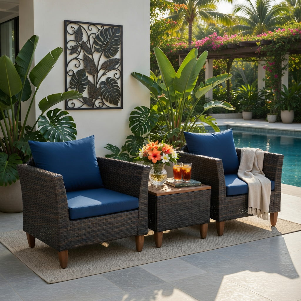 Hommoo 3-Piece Outdoor Rattan Bistro Set, Acacia Wood Table & Steel Frame Patio Furniture for Backyard, Poolside & Garden, Navy