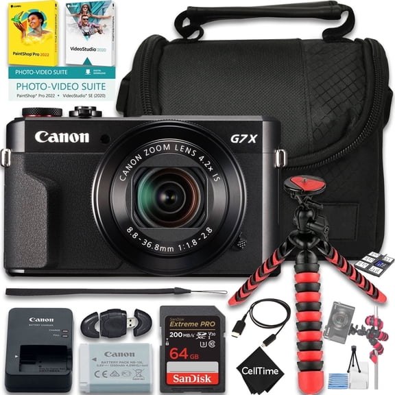 Canon PowerShot G7 X Mark II Digital Camera (Black) Bundle with 64GB Memory Card   Camera Case   Card Reader   Spider Tripod   More (11pc Bundle) (International Version)