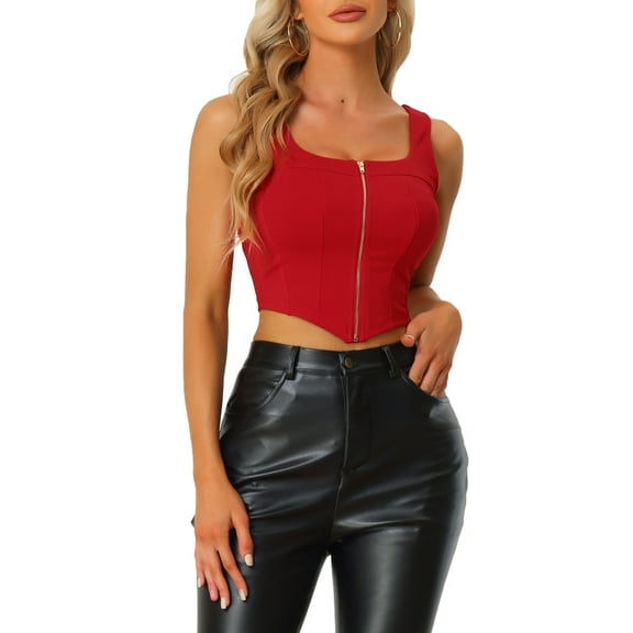 INSPIRE CHIC Women's Top Square Neck Asymmetrical Hem Zip Front Tank Corset Tops XS Red