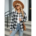 thumbnail image 5 of Womens Button Down Flannel Shirts Long Sleeve Plaid Shackets Business Casual Blouse Top Black & White L, 5 of 8