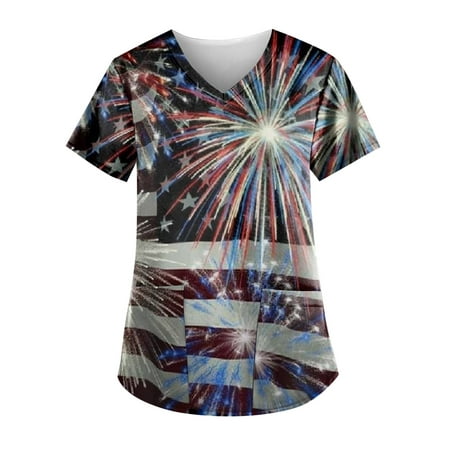 

Sksloeg Scrubs Tops For Women American Flag Short Sleeve Star striped Printed Color Block Working Uniform 4th Of July Patriotic T Shirt Black S