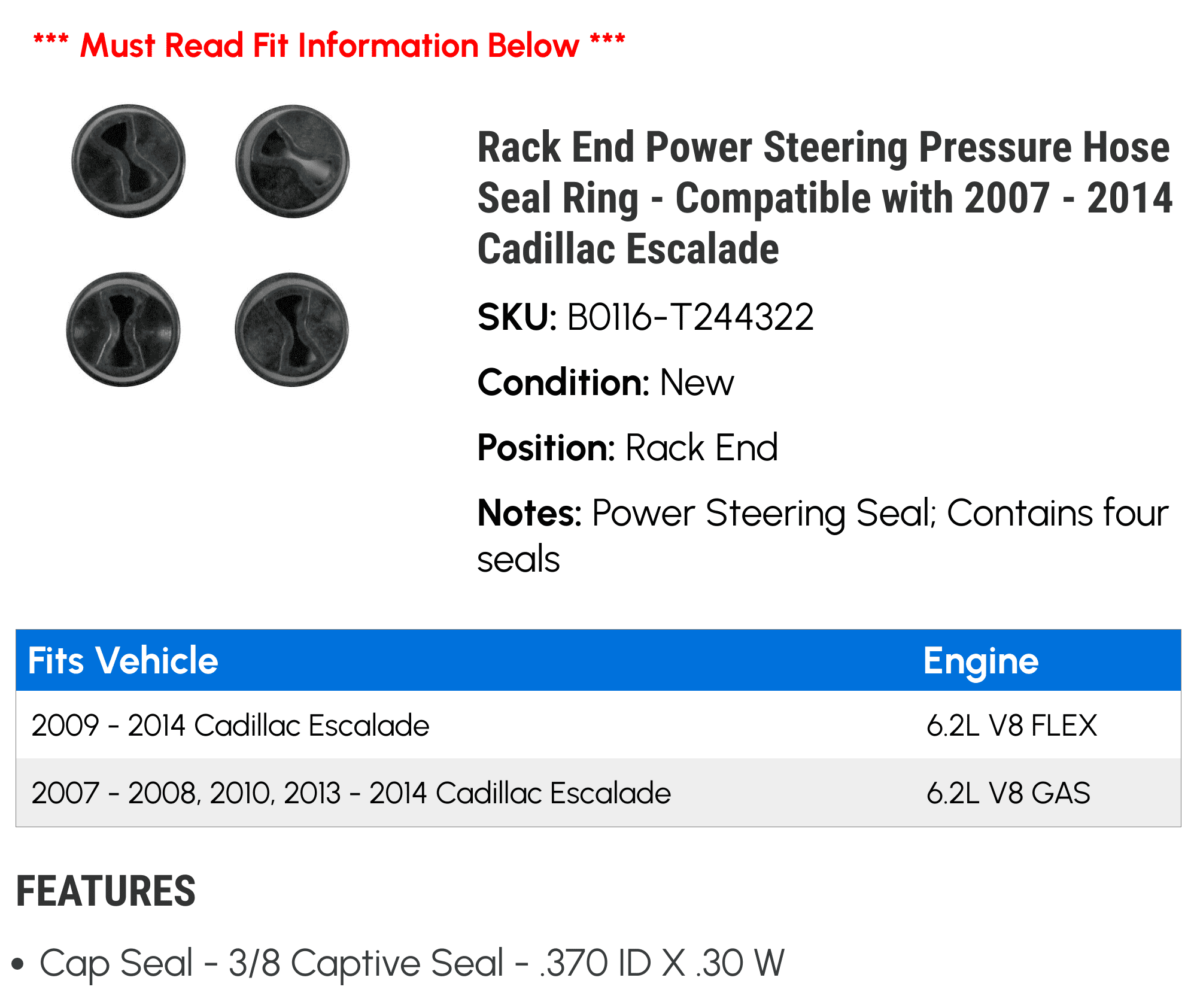 Rack End Power Steering Pressure Hose Seal Ring - Compatible with 2007 - 2014 Cadillac Escalade 2008 2009 2010 2011 2012 2013