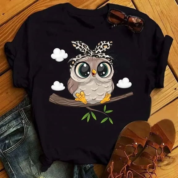 SHESIINN Cartoon Owl Print T Shirt Women Kawaii Graphic Shirts Casual Short Sleeved Black Female Tee O-neck Harajuku T-shirts