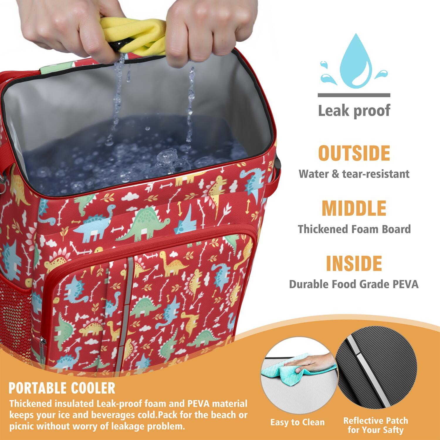 Travel Cooler Bag - Red Cartoon Dinosaurs Arrows Pattern Camping Beer Cooler Backpack with Bottle Opener- Waterproof Insulated Picnic Backpacks - Cooler Bag for Beach