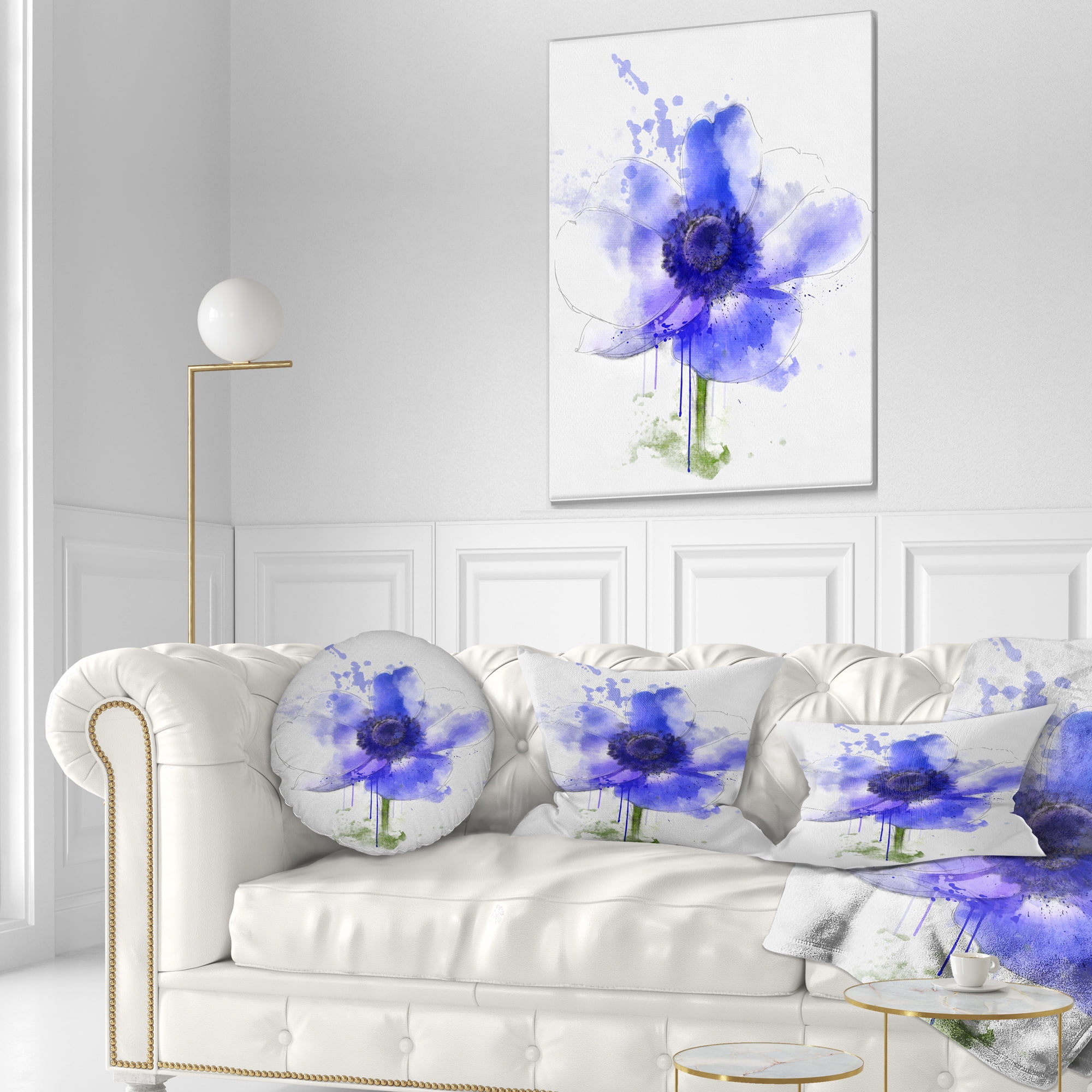 Designart Blue Anemone Sketch Watercolor - Floral Throw Pillow - 12x20