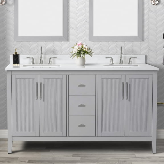 Hollister 60" Double Bathroom Vanity, 61" W x 22" D x 34.5" H, Sintered Stone Carrara Top with Sink & Backsplash, Muse Gray Solid Wood Cabinet, Pre-Assembled, Soft-Closing Drawers & Doors
