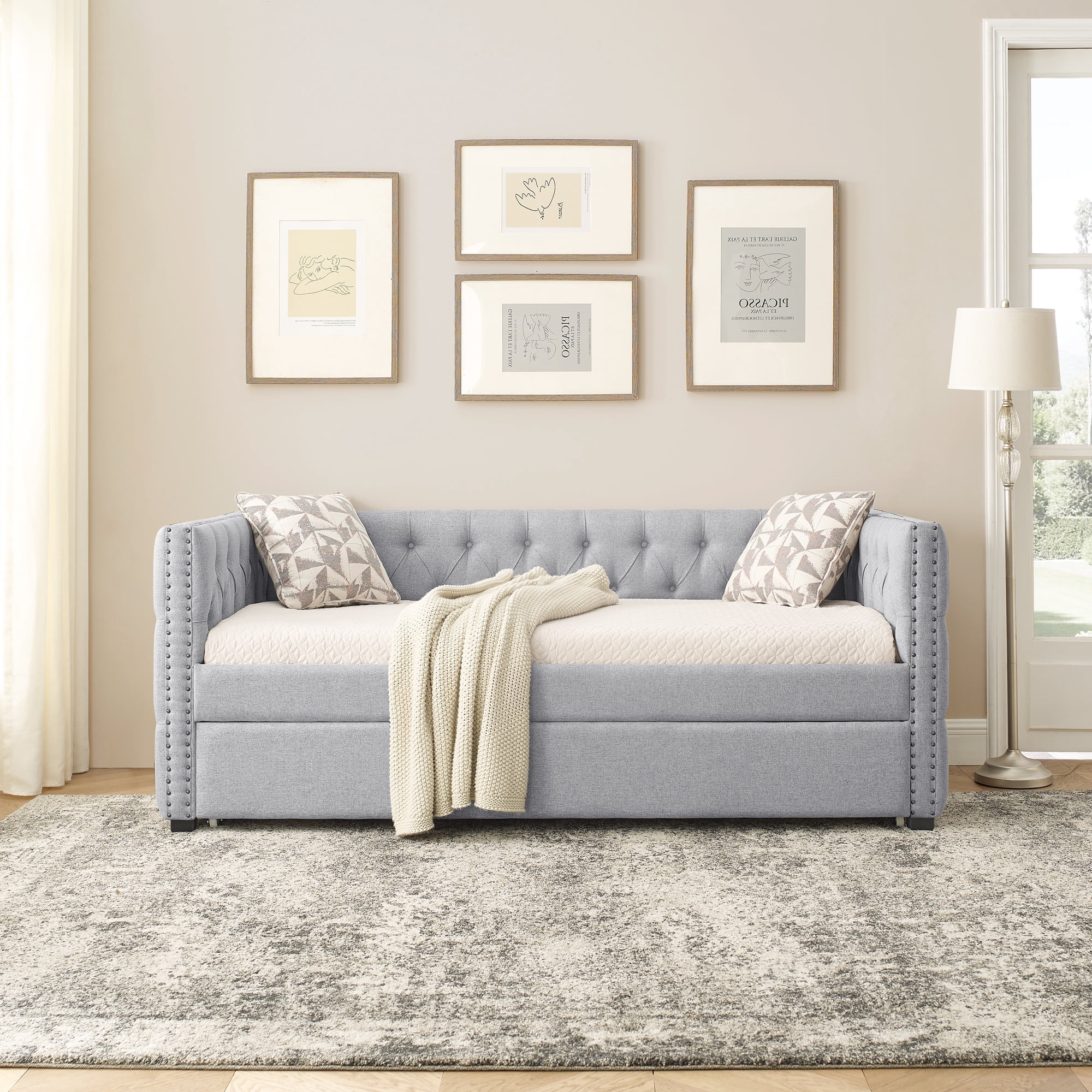 Aukfa Upholstered Daybed with Trundle, Twin Daybed, Button Tufted, Nailhead Trim - Gray