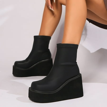 

YOUSNH Ladies Casual Solid Color Simple Soft Leather Sleeve Slope Heel Thick Bottom Large Size Ankle Boots Short Boots Womens Boots Black 7.5