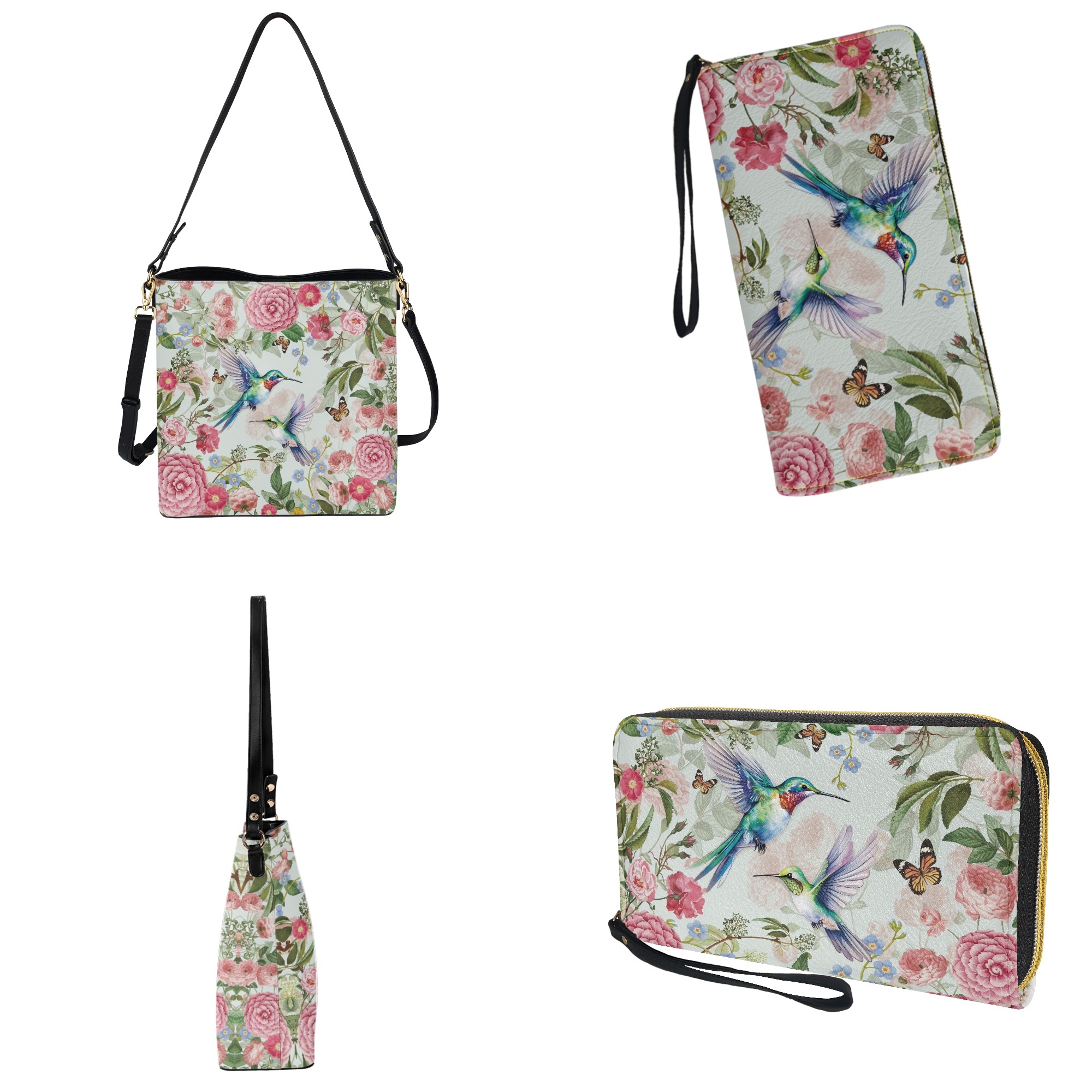 ZUXONGSY Hummingbird Peony Flower Print Bucket Handbag Wallet Set for Women Lady, Large Hobo Bag Satchel Purse Tote Bag Top Handle Purse with Leather Wallet for Travel Shopping