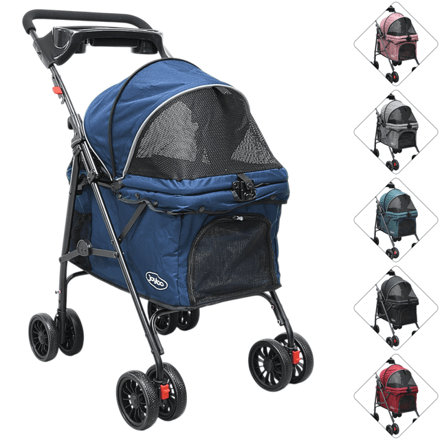 Carriola para Mascotas Cochecito para Perros y Gatos Pequeños - Medianos Ligera y Plegable con Freno Bandeja Portavasos - Azul