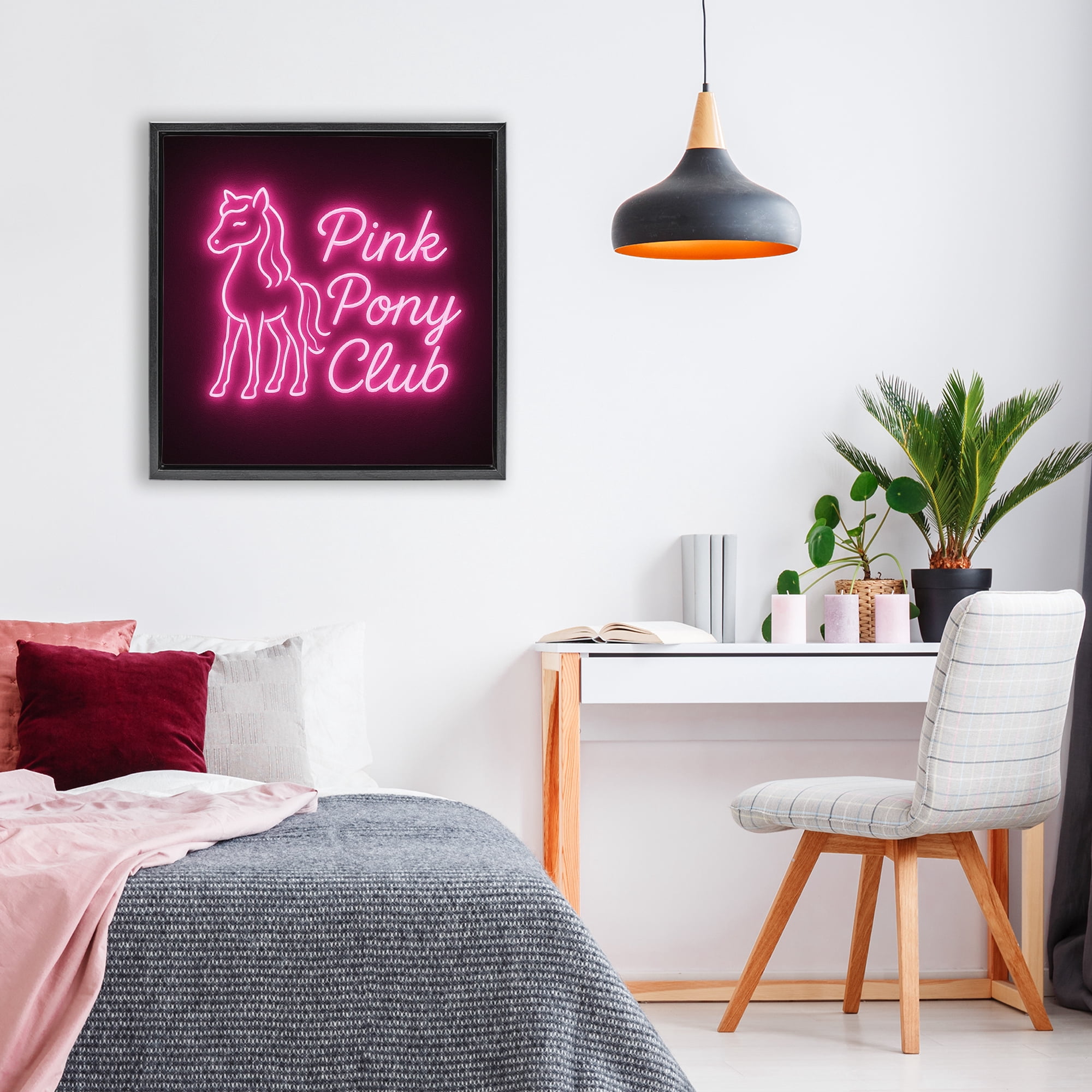 Stupell Industries Pink Pony Club Neon Black Framed Floater Canvas Wall Art, design by Grotto Studios