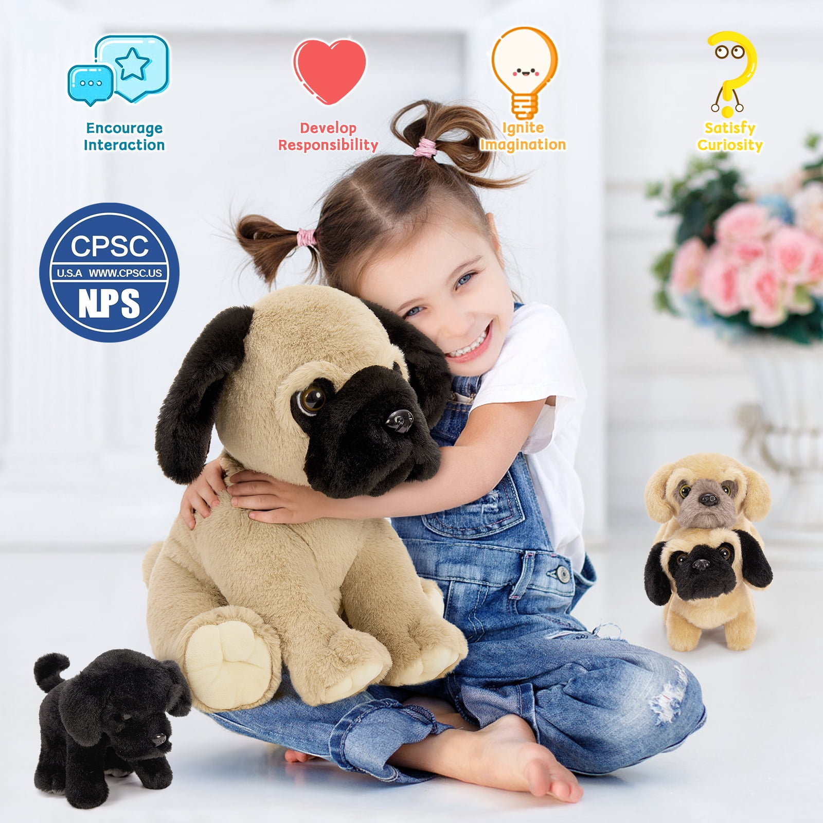 Muiteiur 4Pcs Pug Dog Stuffed Animal 14'' Dog Plush with 3 Puppies Plush Toy