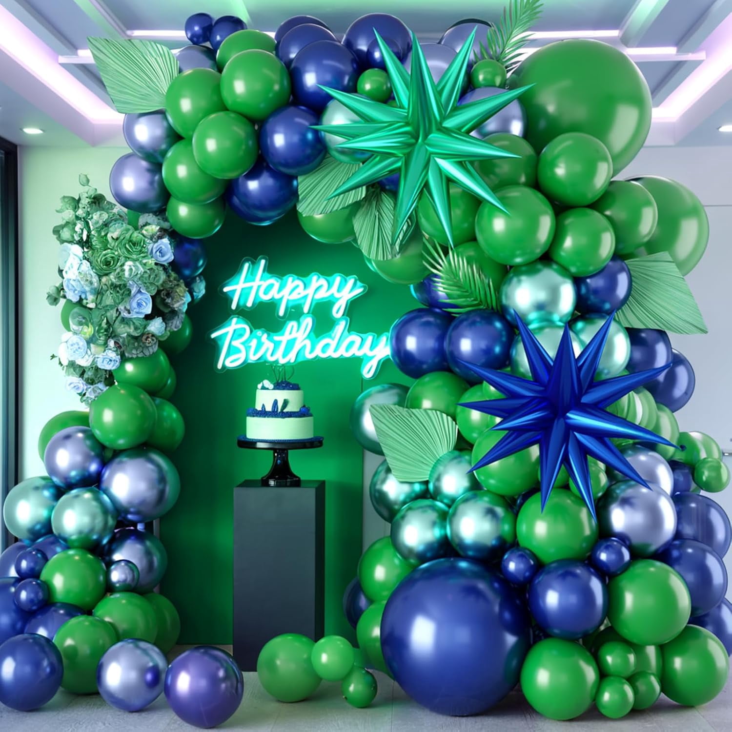 Blue and Green Balloon Arch Kit, Navy Blue Dark Green Balloon Garland Arch Kit with 4D Star Foil Balloon Confetti Balloons for Birthday Party Decor Jungle Safari Graduations