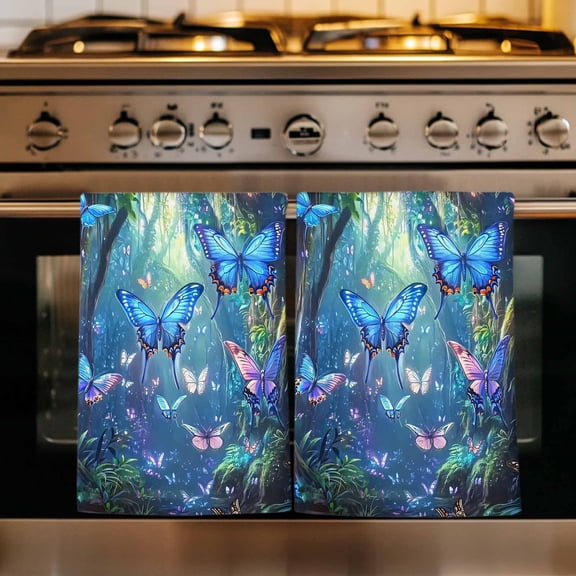 Blue Butterfly Kitchen Towels Set of 2, Modern Art Forest Butterflies Absorbent Dish Towels for Kitchen, Microfiber Hand Towel, Quick Drying Tea Towel for Cleaning Decorative Dishcloths