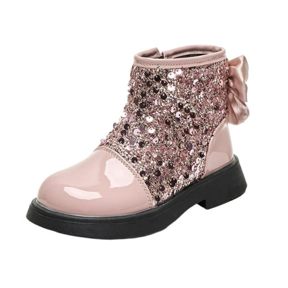 Girls Glitter Boots, Sparkle Princess Ankle Boots Sequin Comfy Cute Bow Booties With Side Zipper for Toddler/Little Kid/Big Kid