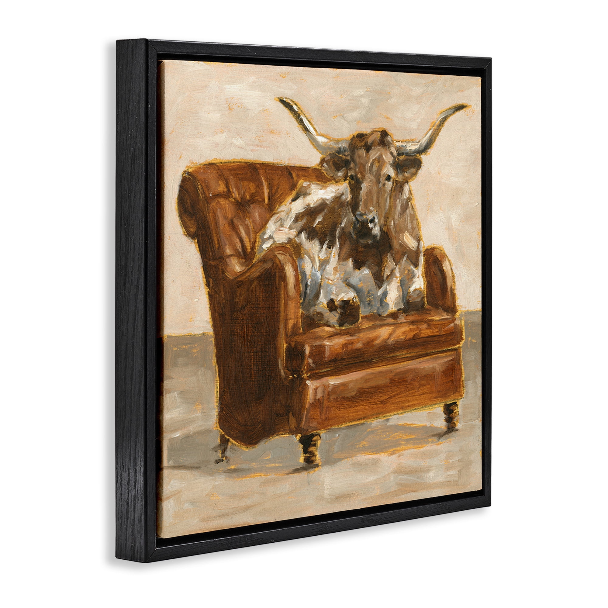 Stupell Industries Abstract Bull Livingroom Chair Animals & Insects Painting Black Floater Framed Canvas Art Print Wall Art, 18 x 18