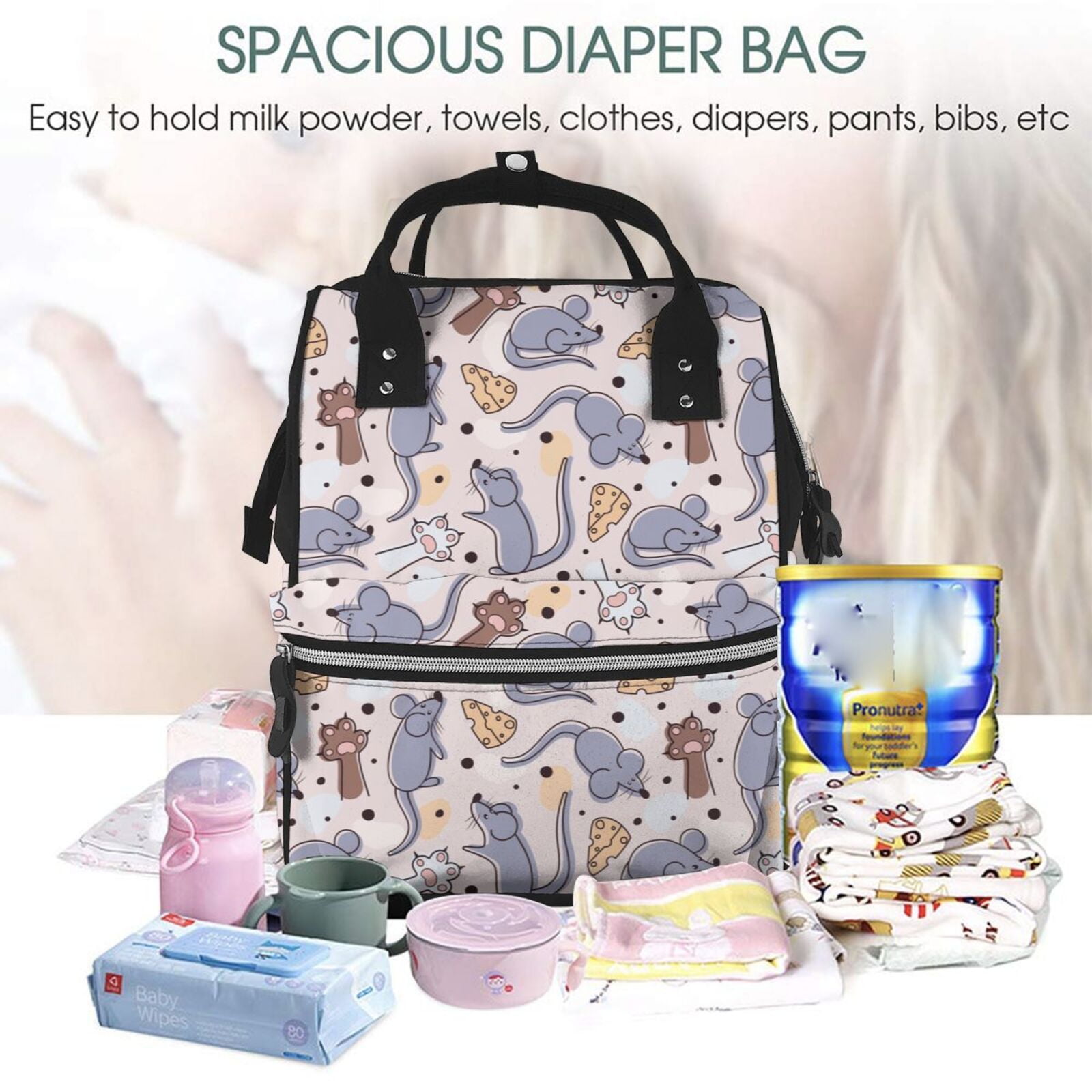 Fuzoiu cartoon mouse Print Diaper Bag Backpack,Baby Essentials Travel Tote,Multi function Waterproof Diaper Bag, Travel Essentials Baby Bag - Unisex