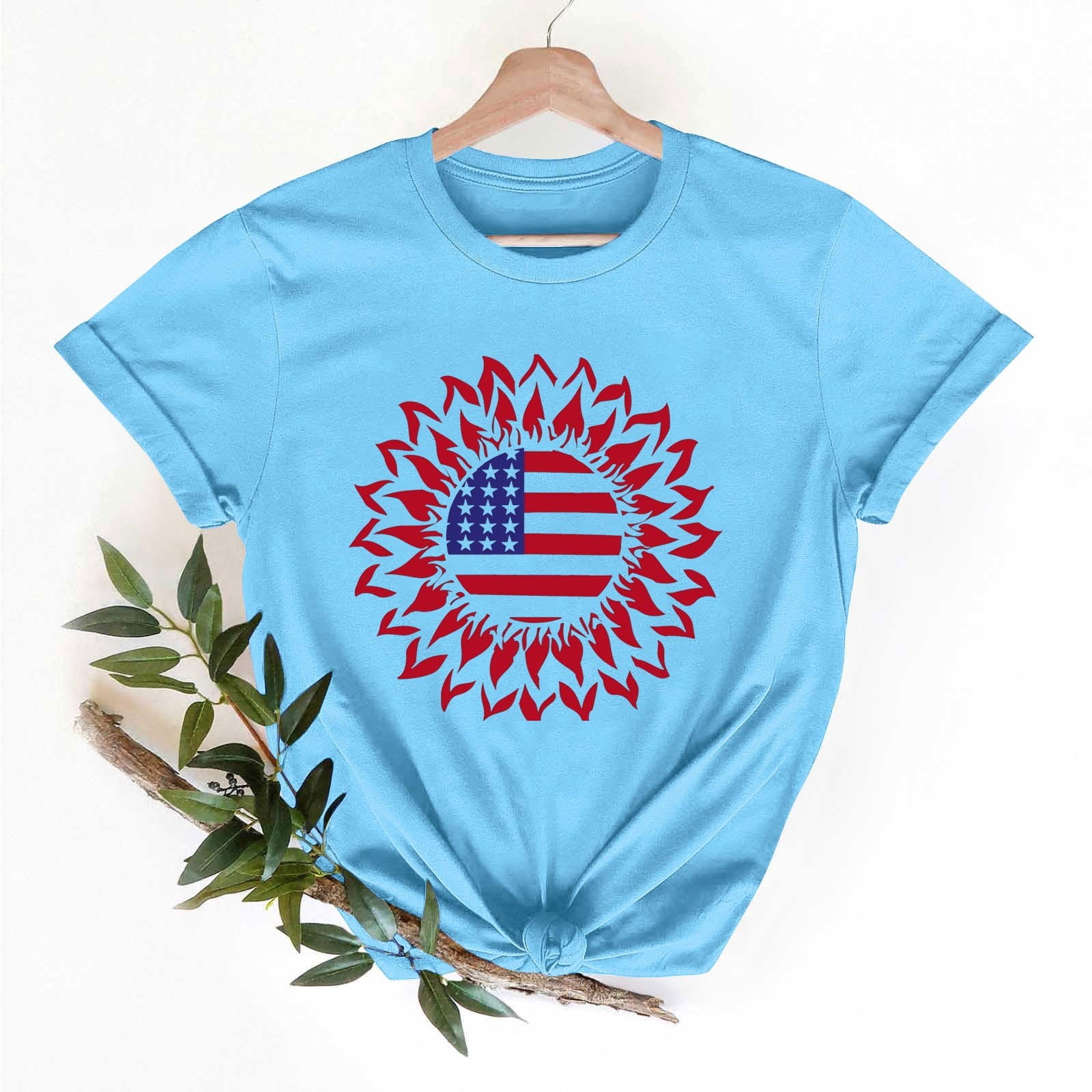 Women's Funny 4th Of July American Flag Graphic Tee - Patriotic Short Sleeve T-Shirt (Green, Small)