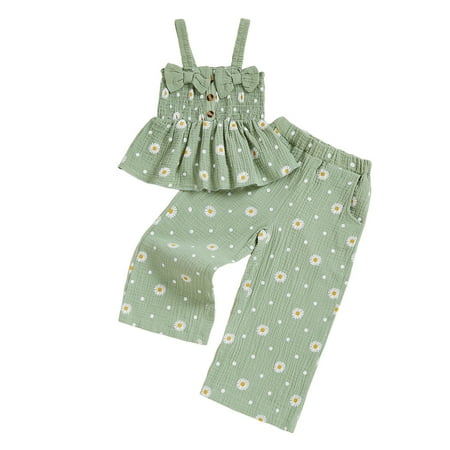 Wxirdiow Baby Girl Summer Clothes Toddler Baby Girl Clothes Floral Summer Outfits Ruffle Sleeveless Tops with Wide Leg Pants Clothing Set Light Green Size 3-4 Years