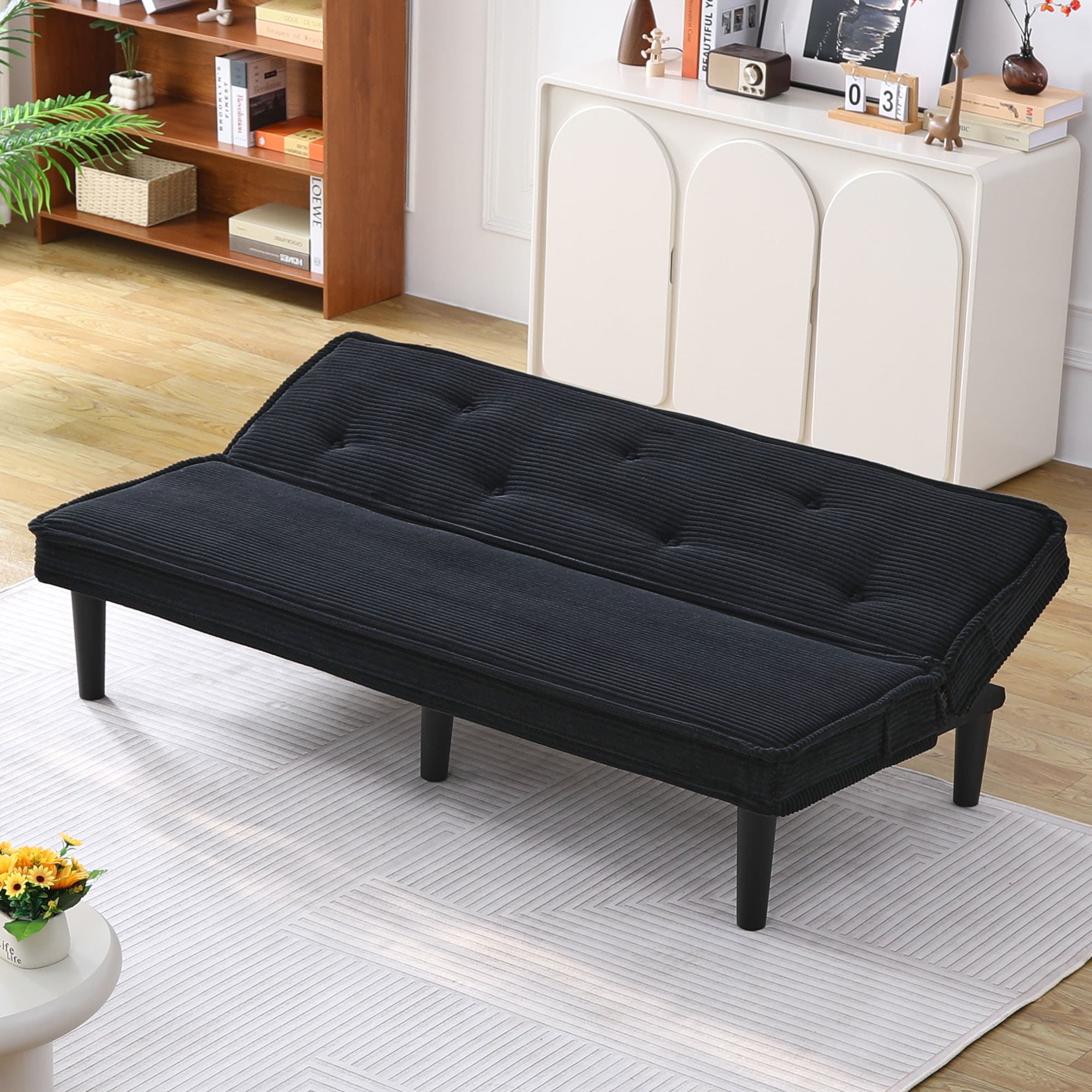 MAYEERTY 66" Corduroy Sofa Bed Modern Sleeper Couches Sofas Loveseats for Living Room, Apartment and Bedroom, Black