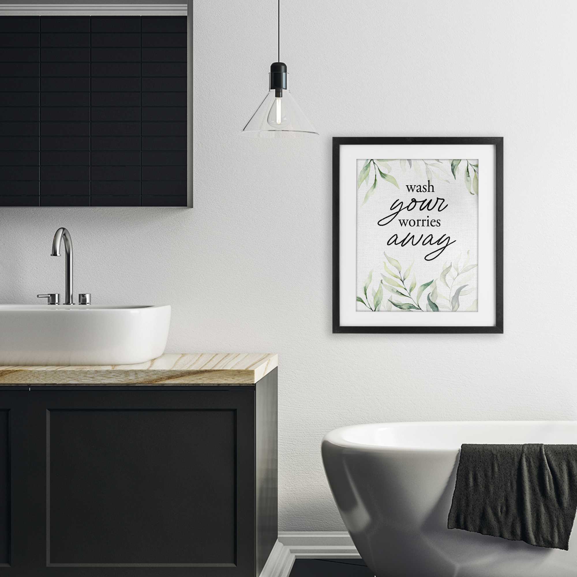 Wash Worries Away Leaves Black Framed Print Under Glass, design by Lettered and Lined