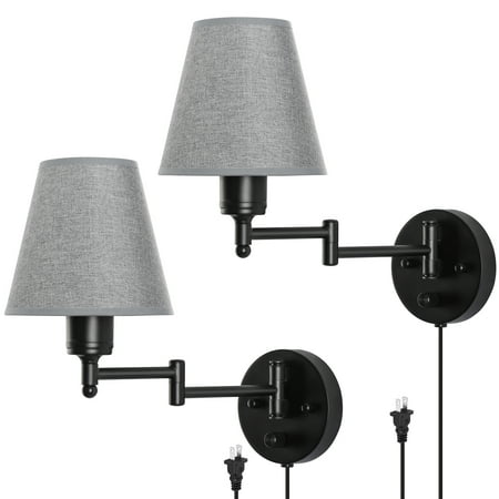 

Wadavr Swing Arm Wall Lamp Plug-in or Hard-Wired with Fabric Shade，Grey