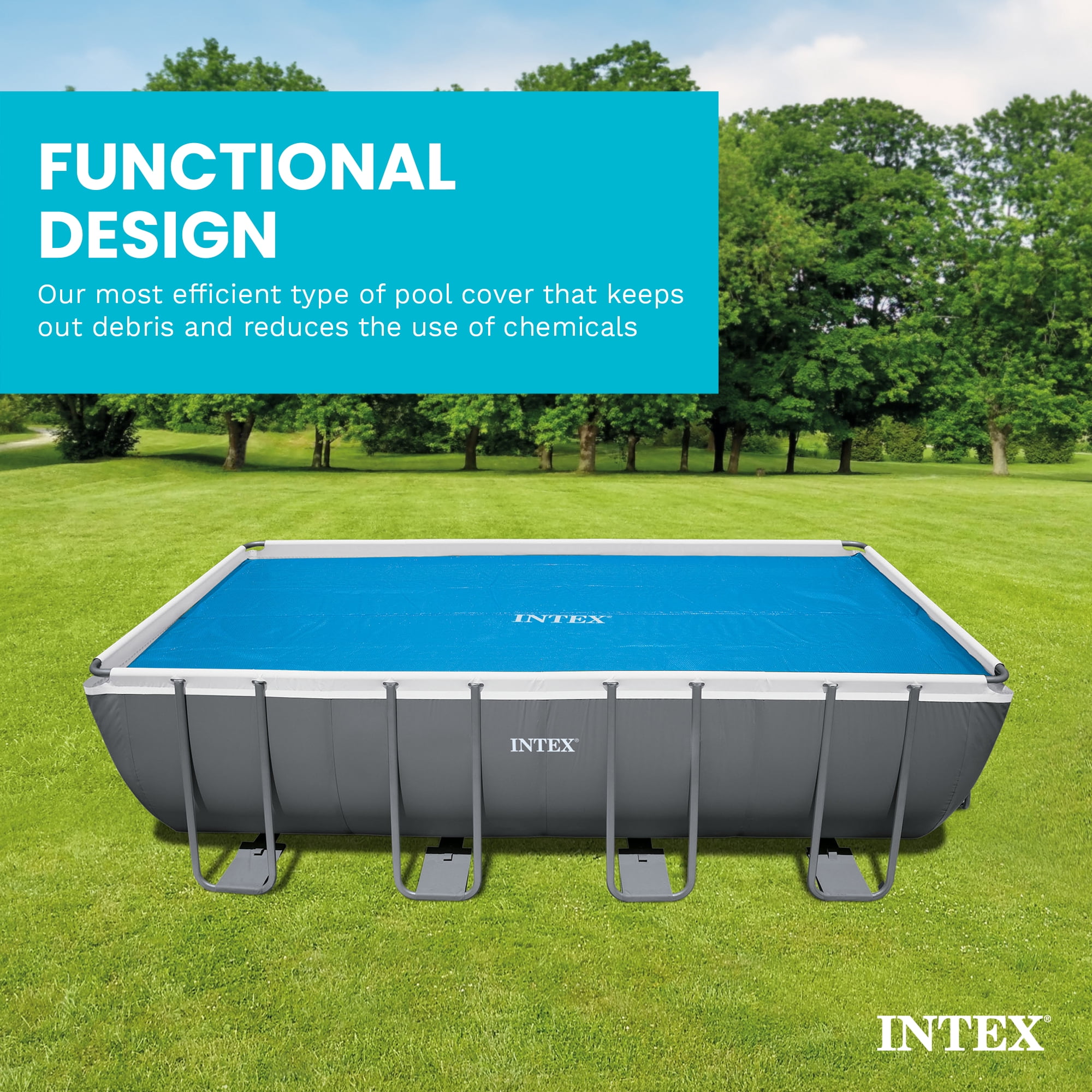 Intex: Solar Pool Cover - 18' x 9' - Blue, Polyethylene, Insulates Water, Reduce Evaporation, Keep Debris Out, Rectangle Above Ground Pool Accessory